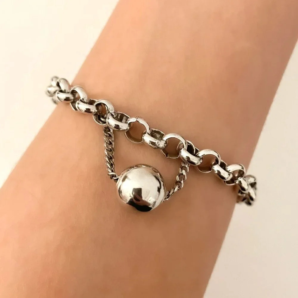 925 Sterling Silver Dangle Ball Chain Link Bracelet Chunky Bracelet